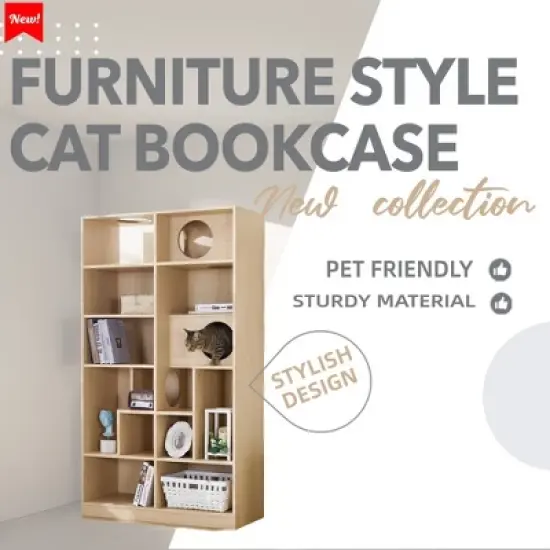 Whisen Furniture-Style Cat Bookcase & Cabinet & Cat Tree with Hidden Nap Space, Handle-Free Door, Multi-Use Storage Organizer image {3}