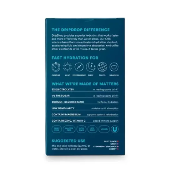 DripDrop Hydration Powder Vegan Electrolyte Supplements - Juicy Variety - Fruit Punch, Grape, Strawberry Lemonade, Cherry - 0.35oz/12ct image {1}