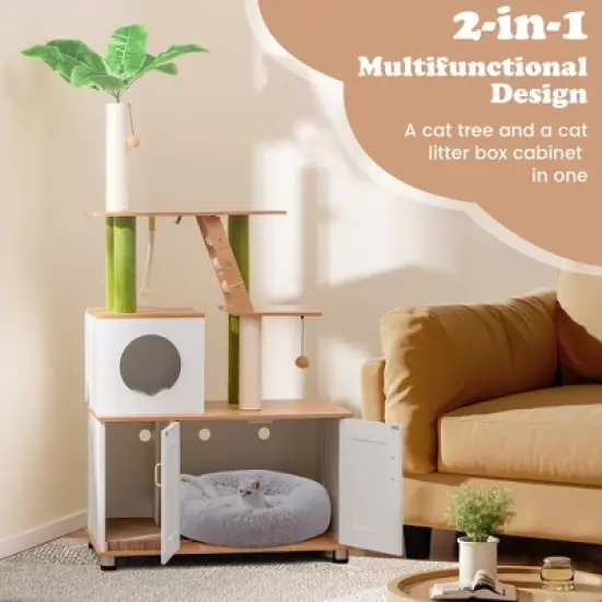 Tangkula All-in-One Cat Tree w/ Litter Box Enclosure Cat Tower Scratching Posts Ladder image {4}