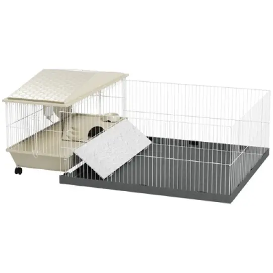 PawHut Small Animal Cage, Guinea Pig Cage with Removable Pet Playpen, Waterproof Pad, Hay Feeder, Water Bottle, Food Dish, Soft-Coverd Ramp, Wheels image {6}