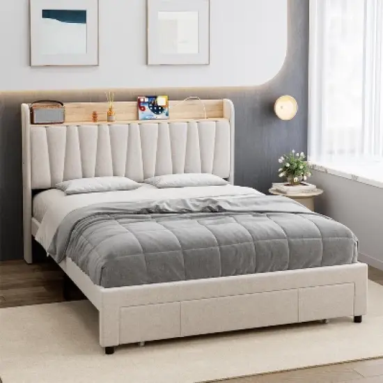 Full/Queen Size Upholstered Bed Frame with Storage Headboard, Drawer, Charging Station, Linen Platform, No Box Spring Needed image {7}