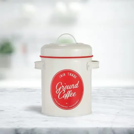 Amici Home Fair Trade Ground Coffee Metal Canister, White/Red Accents, Container Air-Tight Seal, Storing Coffee Beans or Loose Leaf Tea, 64 oz. image {2}