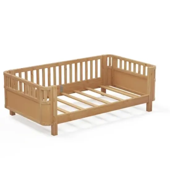Twin/Full Wood Platform Bed Daybed with Safety Rails, Sofa Bed Low Profile Toddler Bed Frame - ModernLuxe image {4}