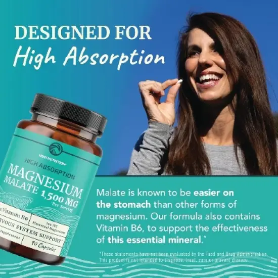 High Absorption Magnesium Malate Capsules, 1500MG Mag Malate with VIT B6 + Black Pepper for Energy & Nervous System Support, Nobi Nutrition, 90ct image {6}