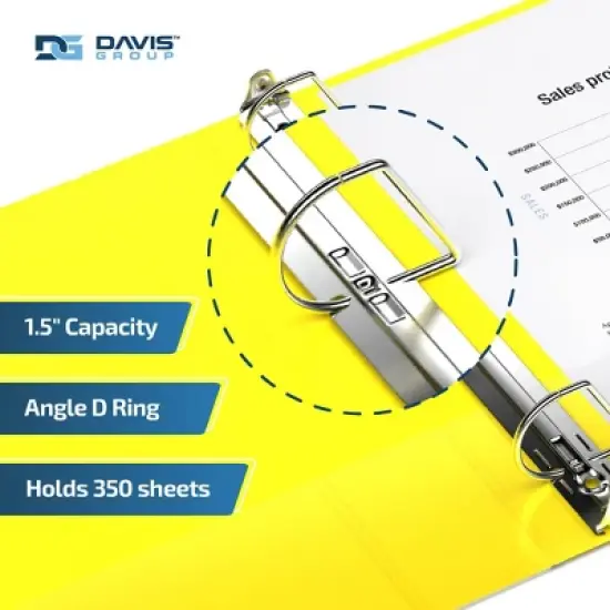 Davis Group 6pk 1.5" Premium Economy Angled D-Ring Binder Yellow: Bulk Hard Cover, 350 Sheet Capacity, 2 Pockets image {2}