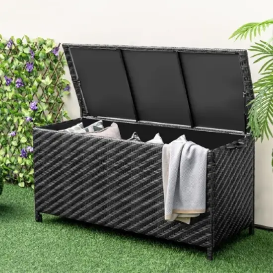 Tangkula Tightly-Woven Rattan Deck Box w/ Polyester Liner Universal Wheels & Gas Strut image {1}