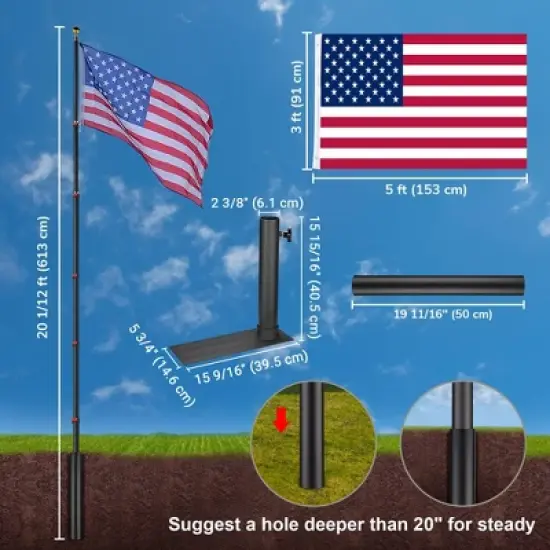 Yescom EZ GO 20ft Telescopic Flag Pole Kit Wheel Tire Mount Stand Upgrade Rotating Lock Outdoor Camper RV Tailgate Black image {6}