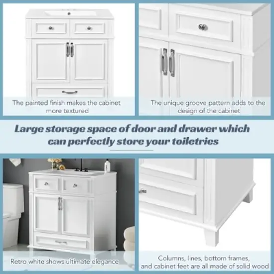 30 Inch Modern Single Sink Bathroom Vanity with 2 Doors & 2 Drawers, Quick Assembly, Solid Wood Construction image {2}
