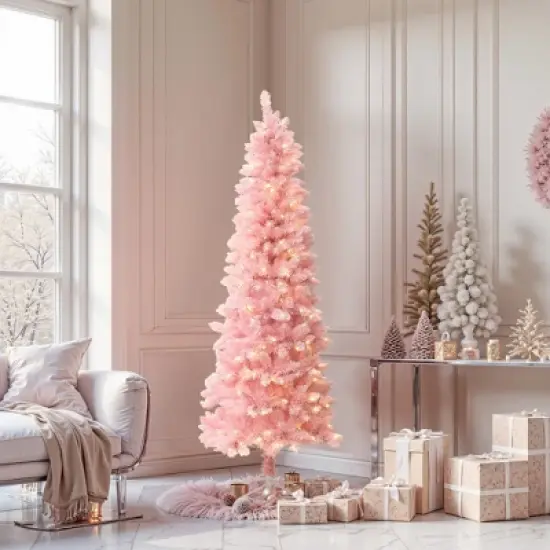LuxenHome 6Ft Pink Pencil Artificial Tree with Warm White Lights and 8 Light Functions image {6}