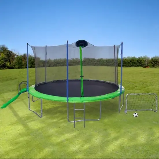 Whisen 16 ft. Trampoline with Basketball Hoop, Outdoor Trampolines w/Ladder and Safety Enclosure Net, Slide and Football Goal image {10}