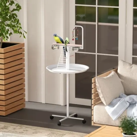 PawHut Bird Stand, Parrot Stand with Wheels, Perches, Stainless Steel Feed Bowls, Round Tray, Bird Play Stand for Indoor Outdoor, White image {1}