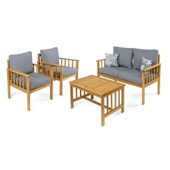 Everly 4-Piece Modern Cottage Acacia Wood Outdoor Patio Set with Cushions and Tropical Decorative Pillows - JONATHAN Y image {6}