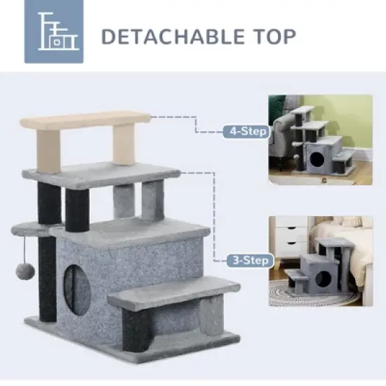 SKYONE 3/4 Step Adjustable Cat Stairs with Condo, Scratching Post & Toy Ball for Bed/Sofa - Gray, image {2}