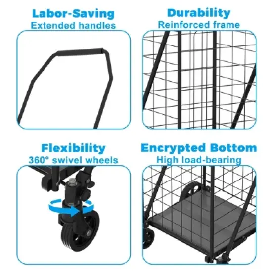 Shopping Cart with Shelf,Grocery Cart on Wheels, Foldable Utility Shopping Carts with 360&deg; Rolling Swivel Wheels for Groceries Laundry image {1}