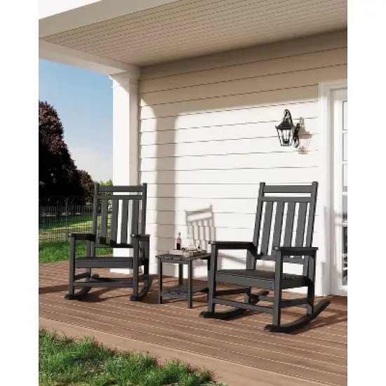 Acekool 2-Piece Outdoor Rocking Chair Set &ndash; HDPE Weather-Resistant Adirondack Rockers with Wood Texture, 380 lbs Capacity, Black image {1}