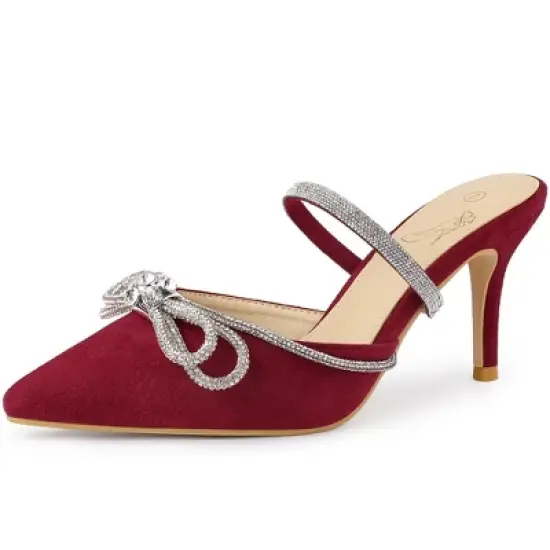 Perphy Pointed Toe Rhinestones Bow Stiletto Heel Slip on Mules for Women image {6}