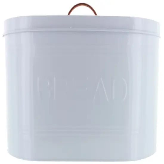Amici Home White Carmel Metal Storage Bread Bin with Handled Lid, Airtight Seal, Food Safe, White w/ Relief Pattern & Brown Handle, 288 oz. image {4}