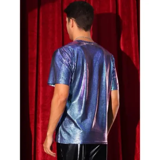 Lars Amadeus Men's Short Sleeves Metallic Animal Printed Disco Party Tee Shirts Purple Blue Medium image {2}