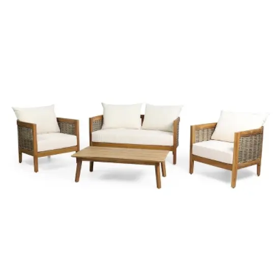 Christopher Knight Home Burchett 4 Pieces Patio Acacia Wood and Wicker Conversation Set with Cushions image {10}
