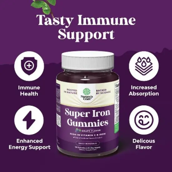 Super Iron Gummy, Chewable Iron Supplement for Women and Men with Vitamin C for Higher Absorption, Grape Flavor, Nature's Craft, 90ct image {1}