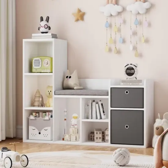 Kids Bookshelf, Children Bookcase with Soft Cushion Seat &ndash; Children&rsquo;s Toy Storage Cubby & Reading Nook, 44.1" Kids Storage Cabinet for Playroom image {5}