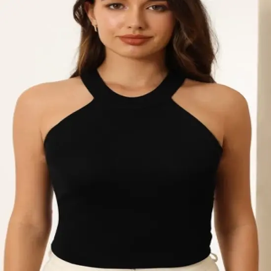 Hobemty Women's Sleeveless Halter Neck Ribbed Slim Knit Top image {3}