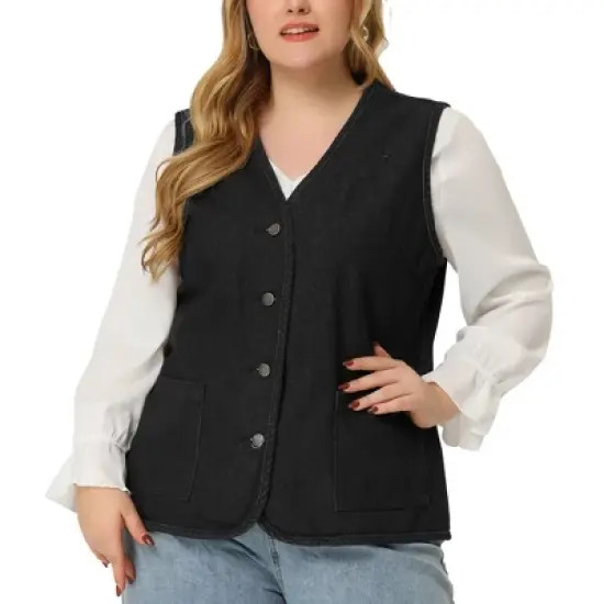 Agnes Orinda Women's Plus Size Sleeveless Denim Button Down V Neck Jean Vest image {7}