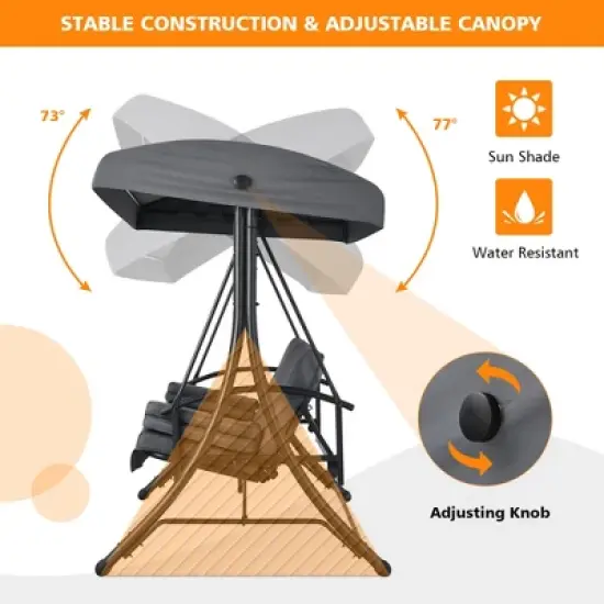 Costway Patio 3-Seat Porch Canopy Swing Converting Grey Cushion Pillow Adjust image {6}