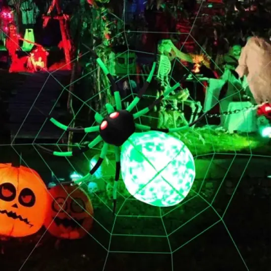Tangkula Halloween Inflatable Spider with Cobweb Creepy Blow-up Spider with LED Rotating LED Light Green Black Legs Waterproof Halloween Decoration image {6}