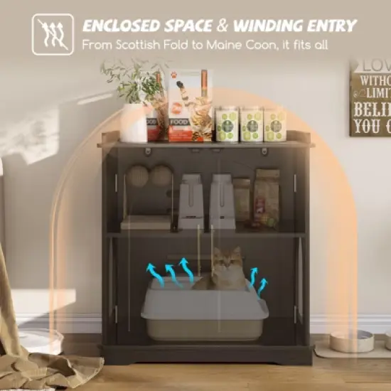 Cat Litter Box Enclosure, Hidden Litter Box Furniture with Removable Dividers & Reversible Entrance image {4}