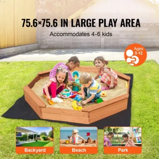 VEVOR Wooden Sandbox with Cover, 75.6 x 75.6 x 9.1 in Octagonal Sand Box, Sand Pit with 4 Seating and Bottom Liner image {2}