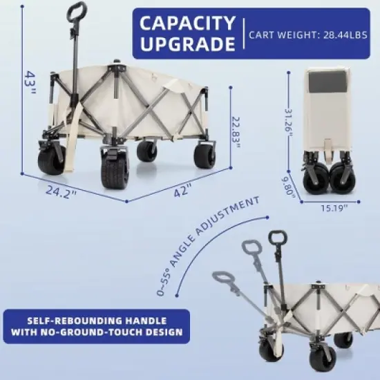 CAVINAS Folding Heavy Duty Wagon Cart with Drink Holders,Shopping Cart with Adjustable Handle,Wagon for Camping,Shopping image {2}
