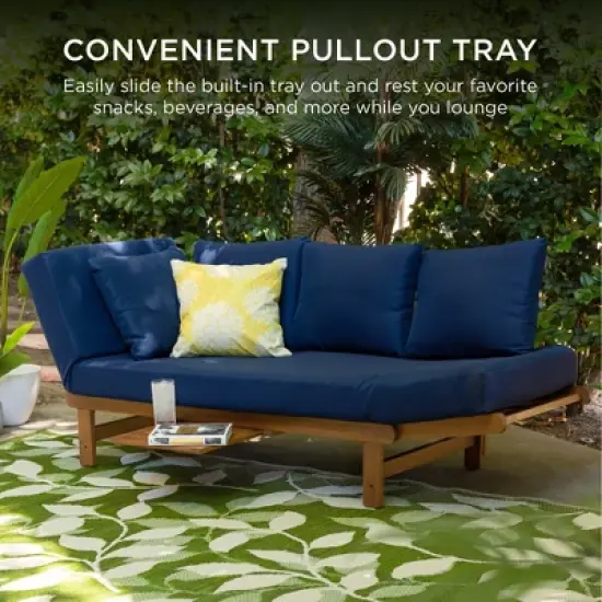 Best Choice Products Outdoor Convertible Acacia Wood Futon Sofa w/ Pullout Tray, 4 Pillows, All-Weather Cushion - Navy image {5}