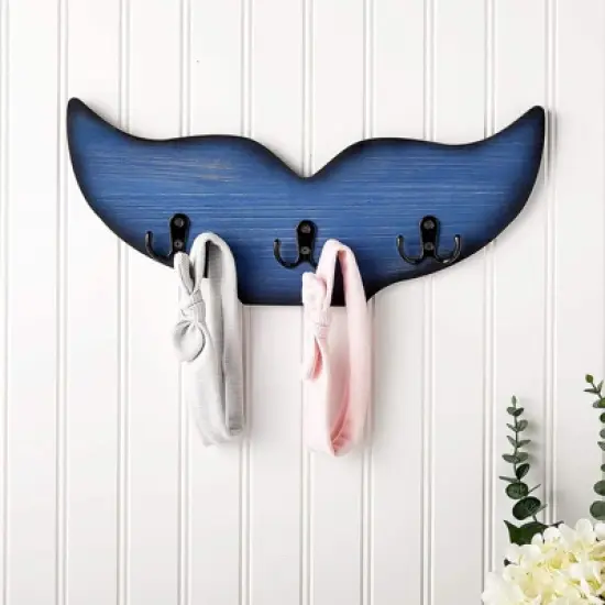 Okuna Outpost Whale Tail Wall Hook for Nursery, Coat Rack with 3 Hooks, Nautical Home Decor (15.5 x 6.75 x 1 in, Blue) image {1}
