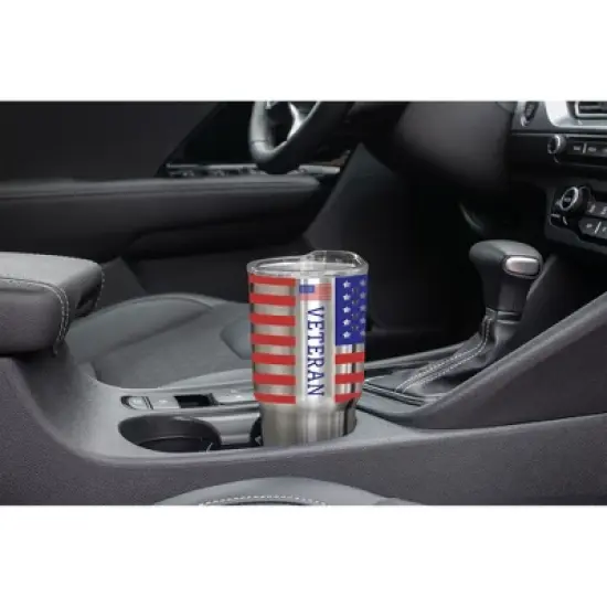 100 North 30 Ounce Stainless Steel On the Go Travel Tumbler With Push Top Lid, American Flag Veteran Silver image {4}