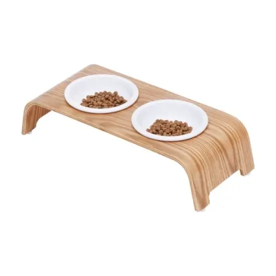 Teamson Pets Billie 4.5 Inch Tall Elevated Ash Wood Pet Food and Water Feeder Stand with Non-Slip Grips and Ceramic Dishwasher Safe Bowls, Brown image {7}