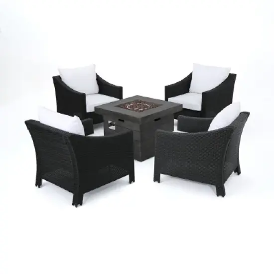 Christopher Knight Home Antibes Outdoor Wicker 5 Piece Club Chair and Fire Pit Set with Cushions image {10}