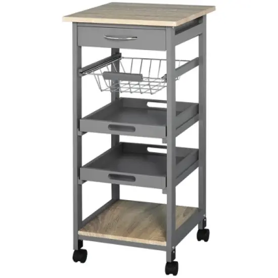 HOMCOM Mobile Rolling Kitchen Island Trolley Serving Cart with Underneath Drawer & Slide-Out Wire Storage Basket, Grey image {3}