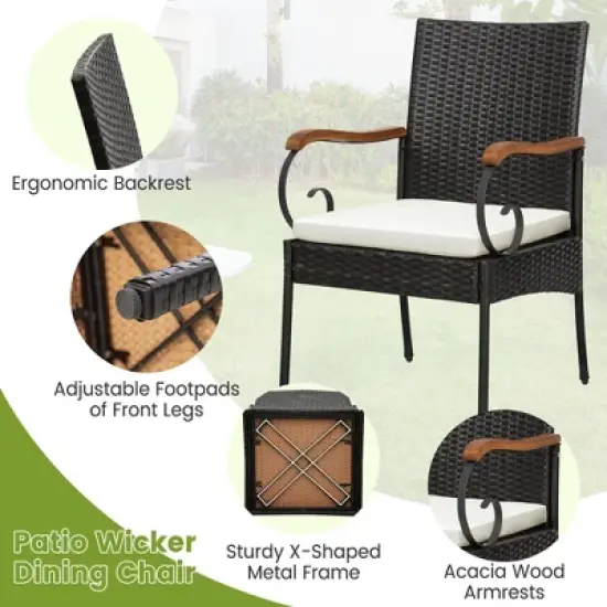 Costway 7PCS Patio Wicker Dining Set Acacia Wood Armrests Table with Detachable Cushions &Umbrella Hole image {5}