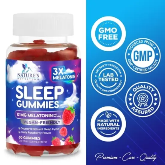 Sleep Gummies with Melatonin Sleep Gummy - 12 mg Melatonin, Natural Melatonin Gummy, Occasional Sleep Support - 60 Gummies By Nature's Nutrition image {3}