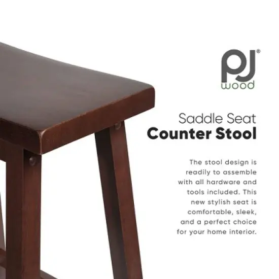 PJ Wood Classic Saddle-Seat 24" Tall Kitchen Counter Stools for Homes, Dining Spaces, and Bars w/ Backless Seats, 4 Square Legs, Walnut (Set of 8) image {4}