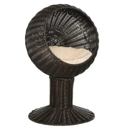 PawHut 27" Hooded Wicker Elevated Cat Bed Rattan Kitten Condo Round with Cushion image {3}
