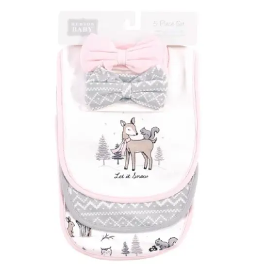 Hudson Baby Infant Girl Cotton Bib and Headband Set 5pk, Winter Forest, One Size image {1}
