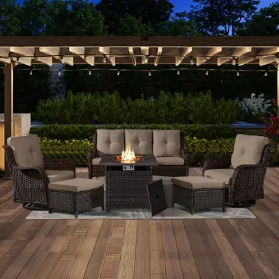 POCASSY 6 Piece Patio Furniture Set with Fire Pit, All Weather Wicker Rattan Patio Sofa Couch Set with Swivel Patio Chair and 50000BTU Square Fire Pit image {13}