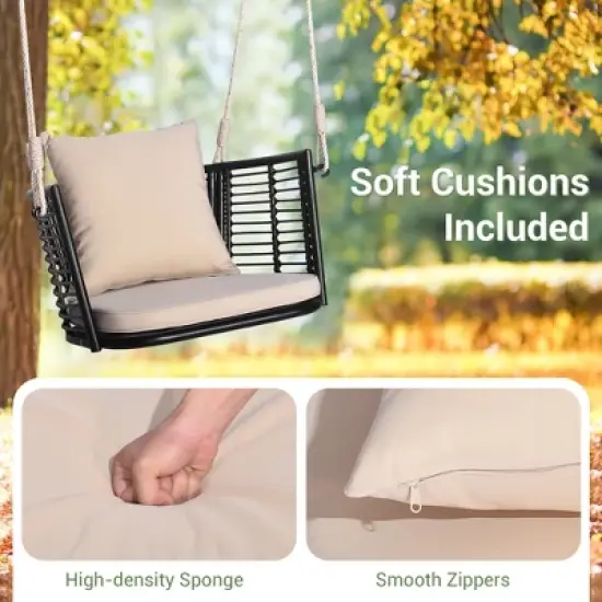 Tangkula Outdoor Metal Porch Swing Single Person Hanging Seat w/ Woven Rattan Backrest Porch Backyard image {5}