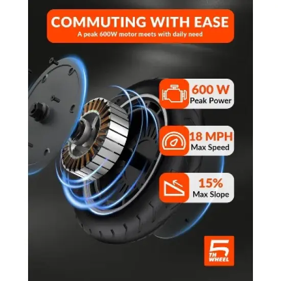 5TH WHEEL V20PRO Electric Scooter - 600W Peak, 18 mph, 12 Mile Range, 265 lbs Capacity, 10" Solid Tires, with Turn Signals image {6}