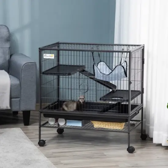 PawHut 3-Story Small Animal Cage, Metal Ferret Cage, Chinchilla Play House, with Casters Hammock No Leaking Tray Storage Shelf, 31.5"x20.5"x33" image {1}