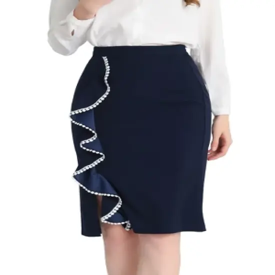 Allegra K Women's High Waist Ruffle Trim Split Work Office Pencil Skirts image {7}