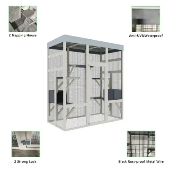 62.6" Gray Wooden Outdoor Catio, Pet Enclosure with Waterproof Roof and Rust-Proof Wire for Cats and Small Animals &ndash; Cuddlewood image {6}