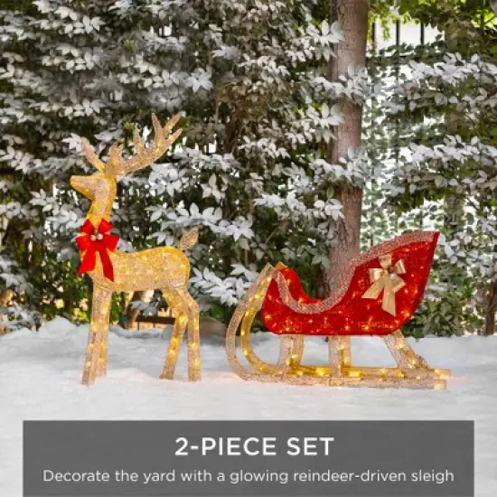 Best Choice Products Lighted Christmas 4ft Reindeer & Sleigh Outdoor Yard Decoration Set w/ 205 LED Lights, Stakes image {1}